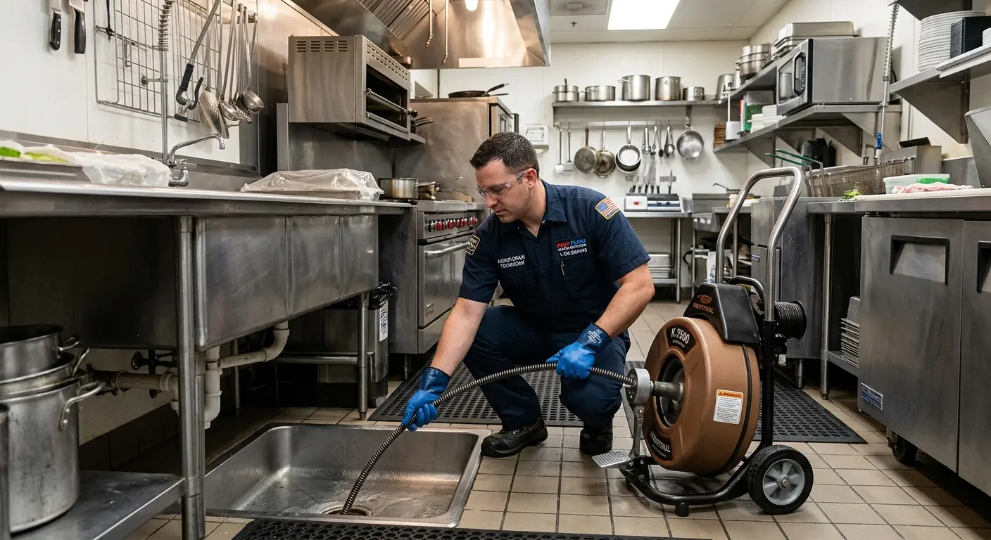 Commercial drain cleaning service in a restaurant kitchen in Shiprock