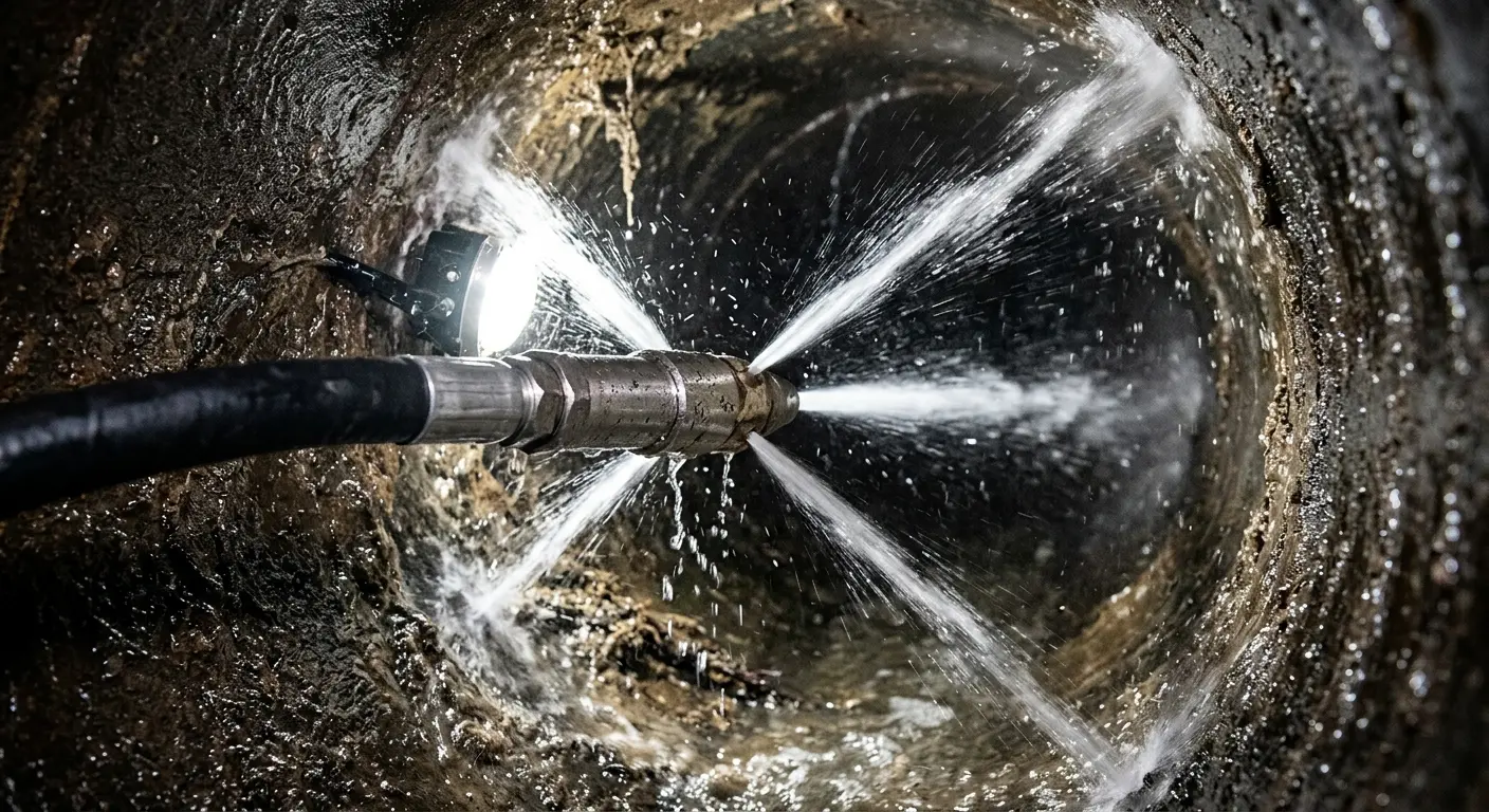 High-pressure hydro jetting nozzle cleaning sewer pipe for Sewer Cleanout in Shiprock