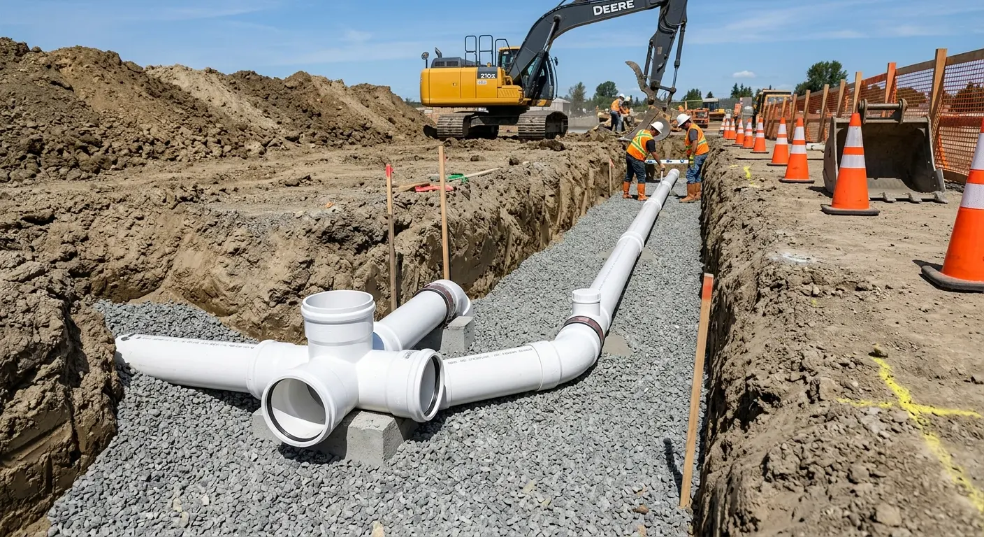 New PVC sewer pipe installation in open trench for Commercial Drain Cleaning in Shiprock