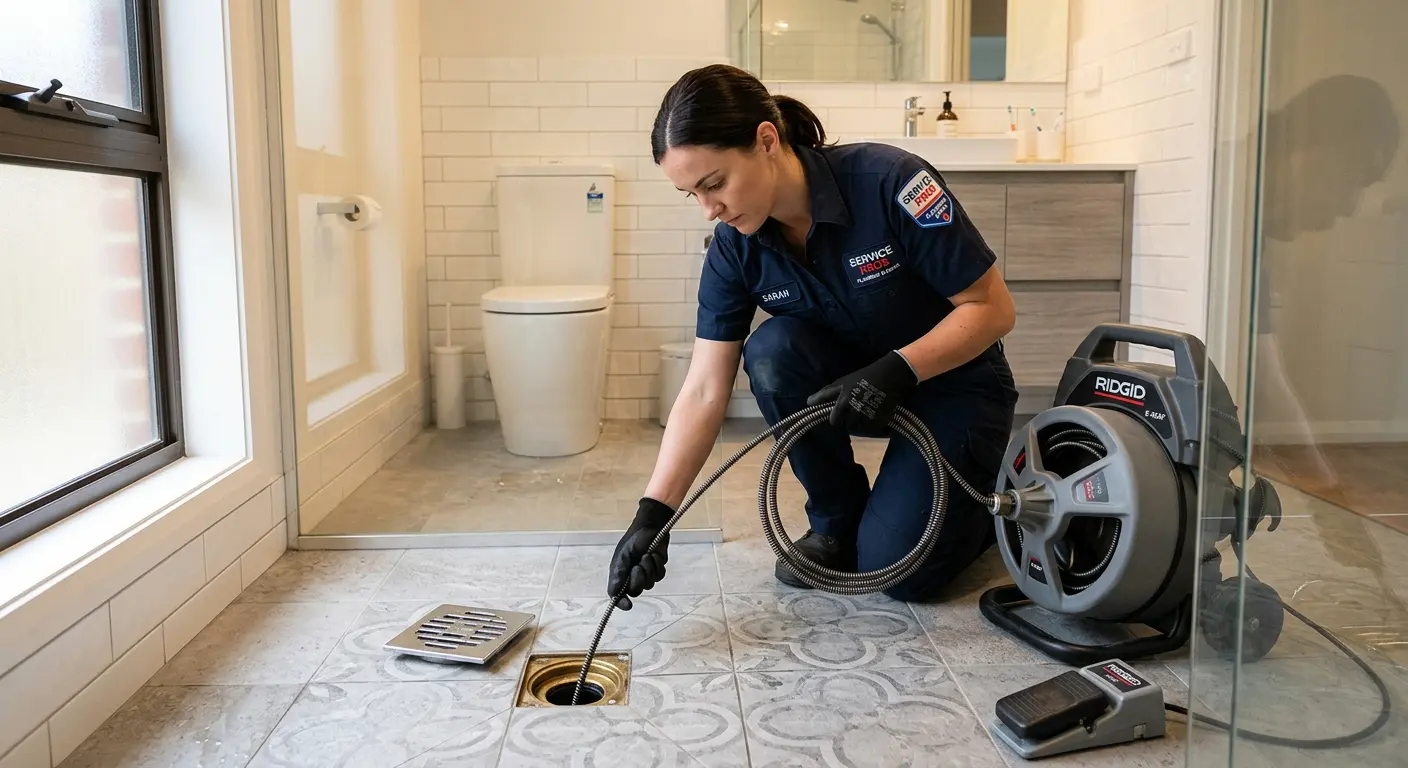 Technician clearing a bathroom floor drain for Sewer Line Replacement in Shiprock